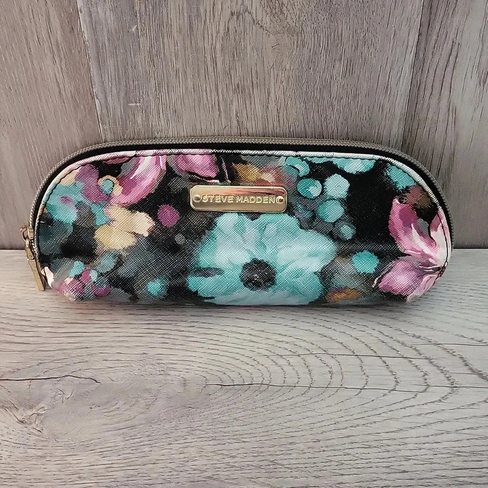 Steve Madden Black‎ Pastel Floral Zippered Colorful Cosmetic Case
